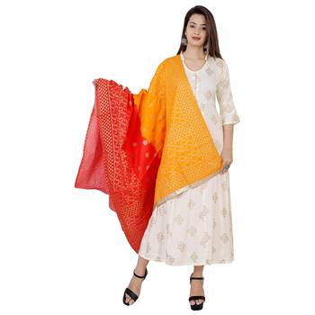 Women's Off White  Gold Printed Kurti with Red Orange Printed Duptta || Party Wear 1