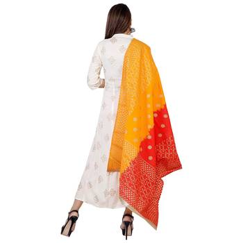 Women's Off White  Gold Printed Kurti with Red Orange Printed Duptta || Party Wear 2
