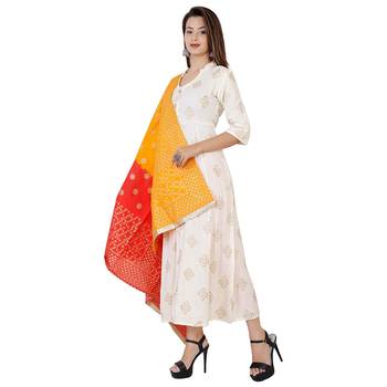 Women's Off White  Gold Printed Kurti with Red Orange Printed Duptta || Party Wear 3