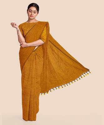 Mustard Mercerised Handloom Cotton Saree With Blouse 1