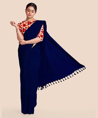 Midnight Blue Mercerised Handloom Cottn Saree With Blouse 1
