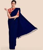 Midnight Blue Mercerised Handloom Cottn Saree With Blouse
