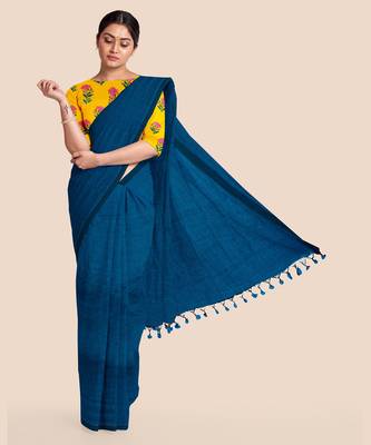 Turquoise Blue Mercerised Handloom Cotton Saree With Blouse 1
