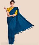 Turquoise Blue Mercerised Handloom Cotton Saree With Blouse