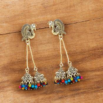 Attractive Golden Peacock Tassel Jhumki Earrings for Women 2
