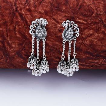 Dazzling Silver Peacock Tassel Jhumki Earrings for Women 1