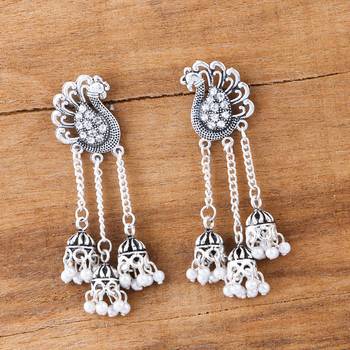 Dazzling Silver Peacock Tassel Jhumki Earrings for Women 2