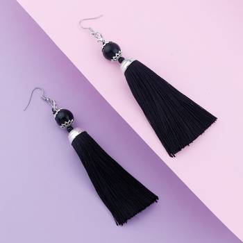 Graceful Black Long Thread Tassel Earrings for Women 2