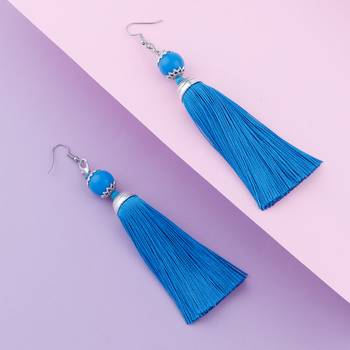 Trendy Blue Long Thread Tassel Earrings for Women 2