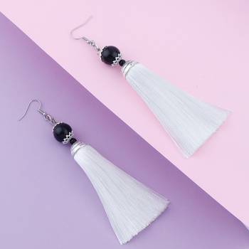 Spunky White Long Thread Tassel Earrings for Women 2