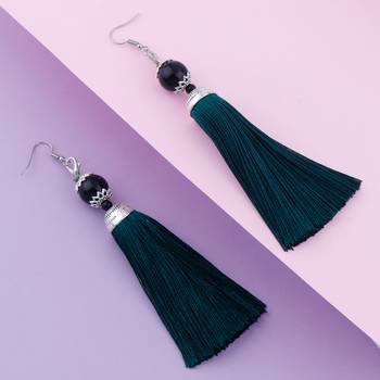 Shimmering Green Long Thread Tassel Earrings for Women 2
