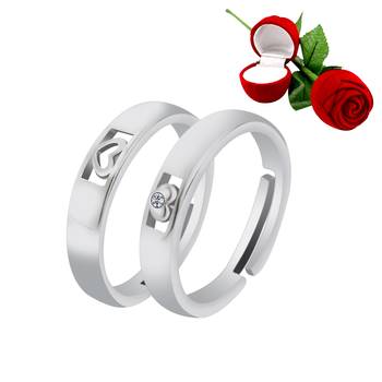 Silver Plated Adjustable Couple Rings Set for lovers Ring with 1 Piece Red Rose Gift Box  for Men and Women 1