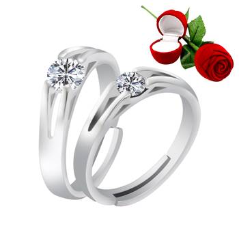 Silver Plated Adjustable Couple Rings Set for lovers Ring with 1 Piece Red Rose Gift Box  for Men and Women 1