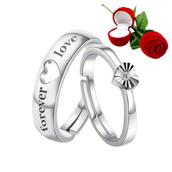Silver Plated Adjustable Couple Rings Set for lovers Ring with 1 Piece Red Rose Gift Box  for Men and Women 1
