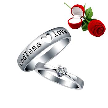 Silver Plated Adjustable Couple Rings Set for lovers Ring with 1 Piece Red Rose Gift Box  for Men and Women 1