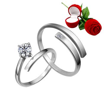 Silver Plated Adjustable Couple Rings Set for lovers Ring with 1 Piece Red Rose Gift Box  for Men and Women 1