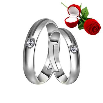 Silver Plated Adjustable Couple Rings Set for lovers Ring with 1 Piece Red Rose Gift Box  for Men and Women 1