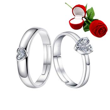 Silver Plated Adjustable Couple Rings Set for lovers Ring with 1 Piece Red Rose Gift Box  for Men and Women 1