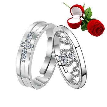 Silver Plated Adjustable Couple Rings Set for lovers Ring with 1 Piece Red Rose Gift Box  for Men and Women 1