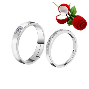 Silver Plated Adjustable Couple Rings Set for lovers Ring with 1 Piece Red Rose Gift Box  for Men and Women 1