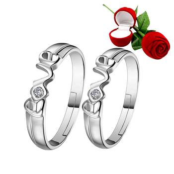 Silver Plated Adjustable Couple Rings Set for lovers Ring with 1 Piece Red Rose Gift Box  for Men and Women 1
