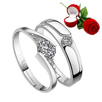 Silver Plated Adjustable Couple Rings Set for lovers Ring with 1 Piece Red Rose Gift Box  for Men and Women 1