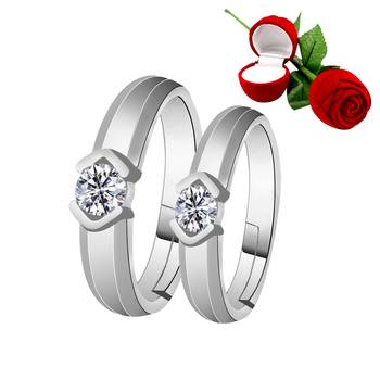 Silver Plated Adjustable Couple Rings Set for lovers Ring with 1 Piece Red Rose Gift Box  for Men and Women 1