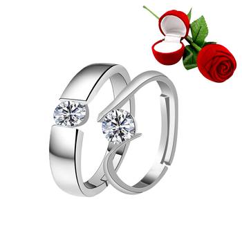 Silver Plated Adjustable Couple Rings Set for lovers Ring with 1 Piece Red Rose Gift Box  for Men and Women 1