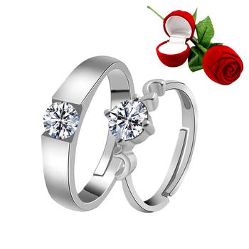 Silver Plated Adjustable Couple Rings Set for lovers Ring with 1 Piece Red Rose Gift Box  for Men and Women 1