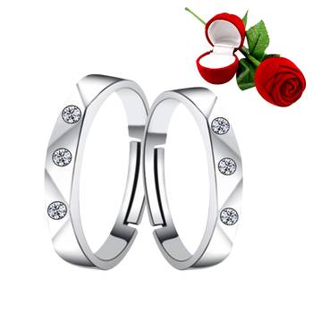 Silver Plated Adjustable Couple Rings Set for lovers Ring with 1 Piece Red Rose Gift Box  for Men and Women 1