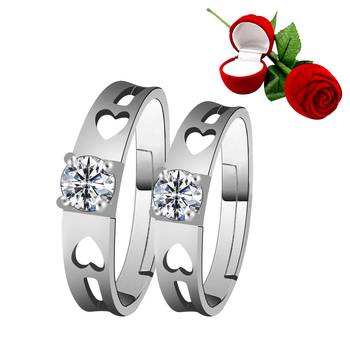 Silver Plated Adjustable Couple Rings Set for lovers Ring with 1 Piece Red Rose Gift Box  for Men and Women 1