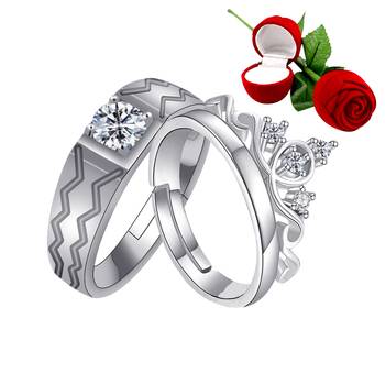 Silver Plated Adjustable Couple Rings Set for lovers Ring with 1 Piece Red Rose Gift Box  for Men and Women 1