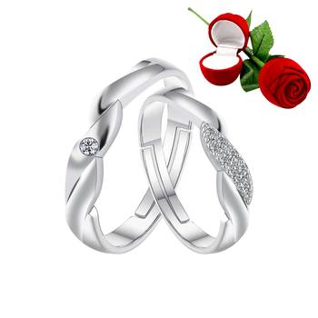 Silver Plated Adjustable Couple Rings Set for lovers Ring with 1 Piece Red Rose Gift Box  for Men and Women 1