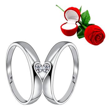 Silver Plated Adjustable Couple Rings Set for lovers Ring with 1 Piece Red Rose Gift Box  for Men and Women 1