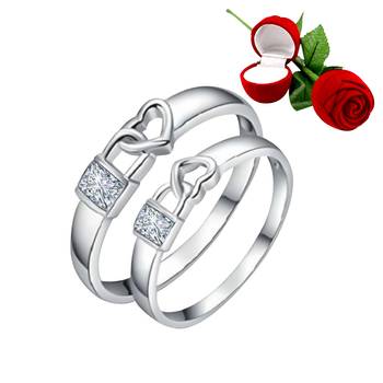 Silver Plated Adjustable Couple Rings Set for lovers Ring with 1 Piece Red Rose Gift Box  for Men and Women 1