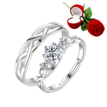 Silver Plated Adjustable Couple Rings Set for lovers Ring with 1 Piece Red Rose Gift Box  for Men and Women 1