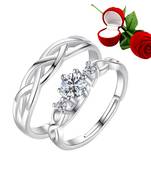 Silver Plated Adjustable Couple Rings Set for lovers Ring with 1 Piece Red Rose Gift Box  for Men and Women