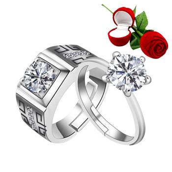 Silver Plated Adjustable Couple Rings Set for lovers Ring with 1 Piece Red Rose Gift Box  for Men and Women 1