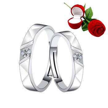 Silver Plated Adjustable Couple Rings Set for lovers Ring with 1 Piece Red Rose Gift Box  for Men and Women 1