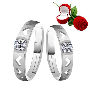 Silver Plated Adjustable Couple Rings Set for lovers Ring with 1 Piece Red Rose Gift Box  for Men and Women 1