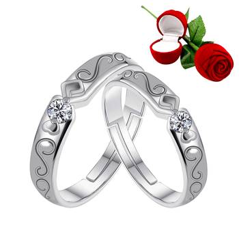 Silver Plated Adjustable Couple Rings Set for lovers Ring with 1 Piece Red Rose Gift Box  for Men and Women 1