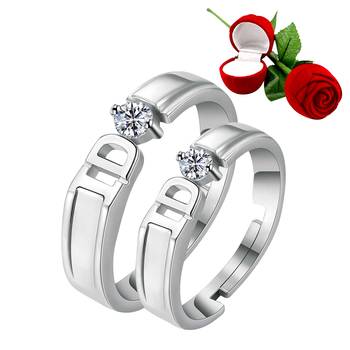 Silver Plated Adjustable Couple Rings Set for lovers Ring with 1 Piece Red Rose Gift Box  for Men and Women 1