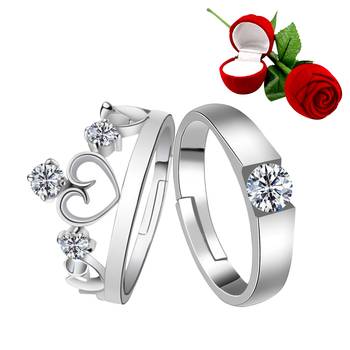 Silver Plated Adjustable Couple Rings Set for lovers Ring with 1 Piece Red Rose Gift Box  for Men and Women 1