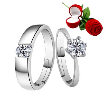 Silver Plated Adjustable Couple Rings Set for lovers Ring with 1 Piece Red Rose Gift Box  for Men and Women 1