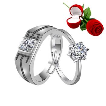 Silver Plated Adjustable Couple Rings Set for lovers Ring with 1 Piece Red Rose Gift Box  for Men and Women 1