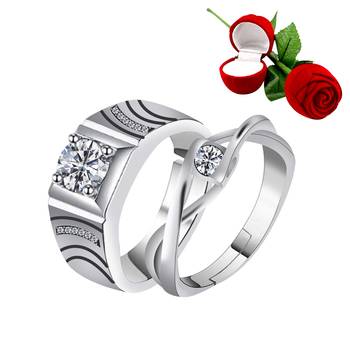 Silver Plated Adjustable Couple Rings Set for lovers Ring with 1 Piece Red Rose Gift Box  for Men and Women 1