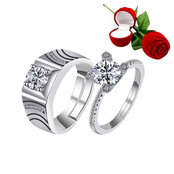 Silver Plated Adjustable Couple Rings Set for lovers Ring with 1 Piece Red Rose Gift Box  for Men and Women 1