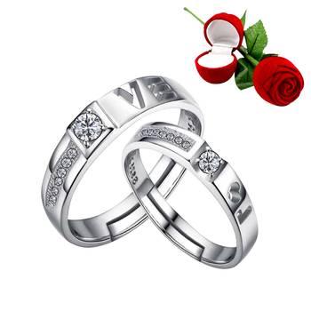 Silver Plated Adjustable Couple Rings Set for lovers Ring with 1 Piece Red Rose Gift Box  for Men and Women 1