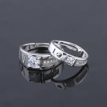 Silver Plated Adjustable Couple Rings Set for lovers Ring with 1 Piece Red Rose Gift Box  for Men and Women 3