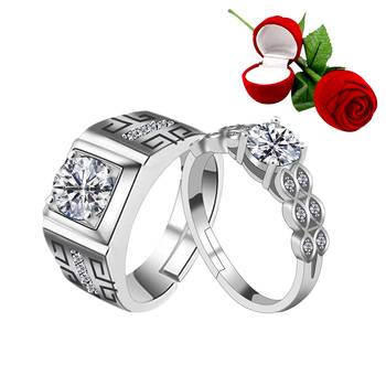 Silver Plated Adjustable Couple Rings Set for lovers Ring with 1 Piece Red Rose Gift Box  for Men and Women 1